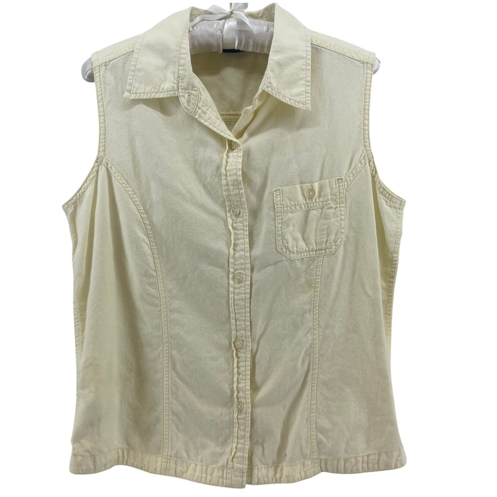 Eddie Bauer Sleeveless Button Down Shirt Womens L Yellow Cotton Y2K Granola Girl